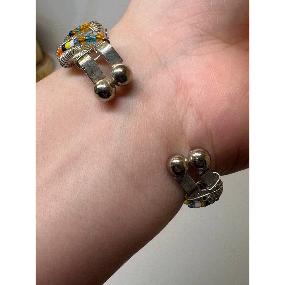 Vintage Silver Tone Wire Wrap Cuff Bracelet Multi Color Seed Beads Industrial
